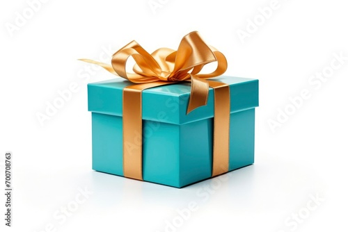 blue gift box wrapped with gold bow and ribbon isolated on background.