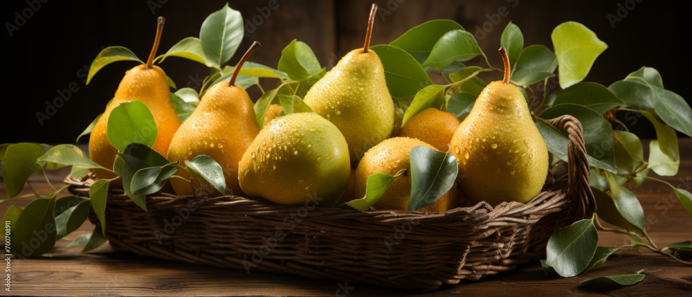 Fresh yellow pears in a wicker basket on a rustic wooden table.