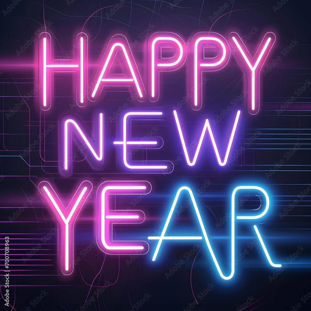 A glowing neon sign says Happy New Year in pink, purple and blue writing. A glowing neon sign says Happy New Year in pink, purple and blue writing.