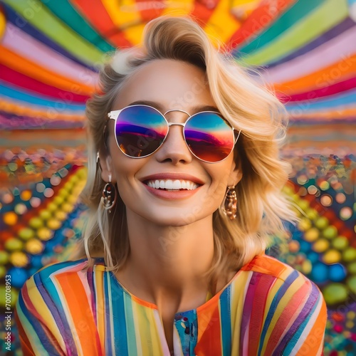 Happy Fair-Haired Woman in Sunglasses Embracing the Colorful Psychedelic Aesthetics of the 1970s in a Captivating Portrait