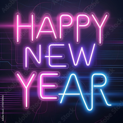A glowing neon sign says Happy New Year in pink, purple and blue writing.