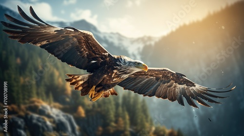 Closeup of an eagle flying high