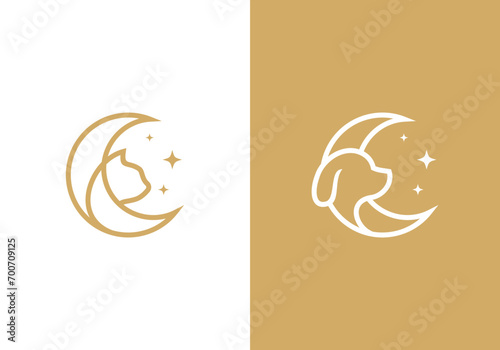 cat with dog logo, moon star line style design icon template