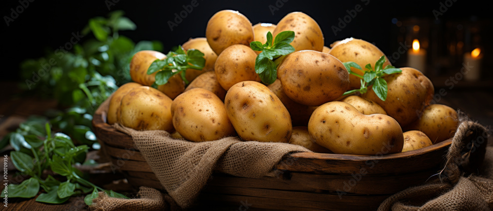 Rustic display of potatoes on a burlap sack and green leaf. Rustic display of potatoes on a burlap sack and green leaf.