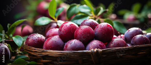 Elegant arrangement of plums in a rustic wooden bowl on a wooden table. photo