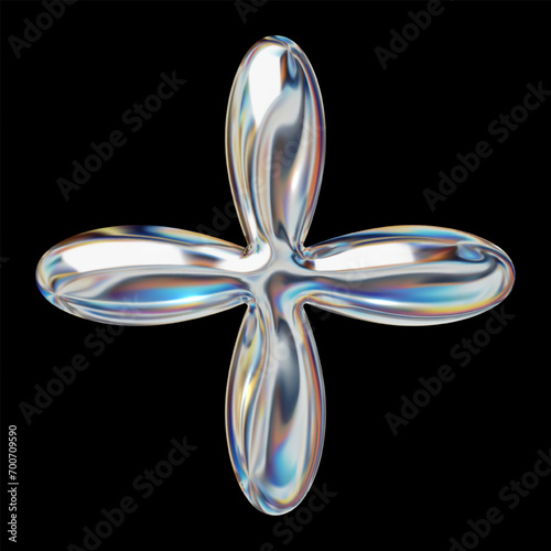 3D glossy chrome holographic flower, Y2K abstract shape, isolated vector for retro futuristic design
