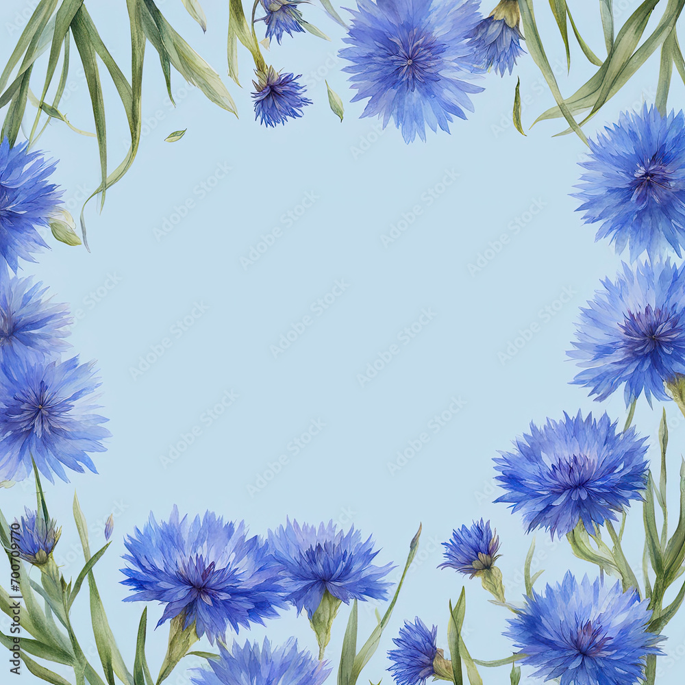 Blooming cornflowers along the perimeter of the space, copy space for text banner. Design for congratulations. Blooming cornflowers along the perimeter of the space, copy space for text banner. Design for congratulations.
