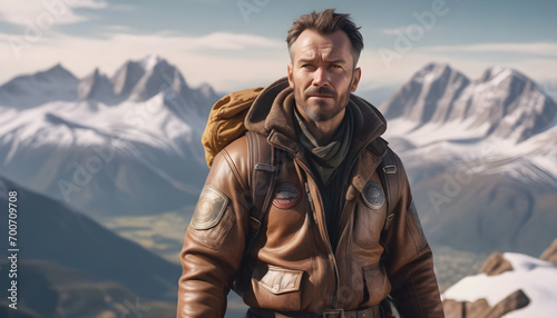 Explorer on mountain: leather jacket, hiking gear, stunning snowy view. Ai generated