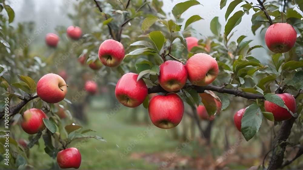 Rural garden. In the frame ripe red apples on a tree. It's raining Photographed in Ukraine, 