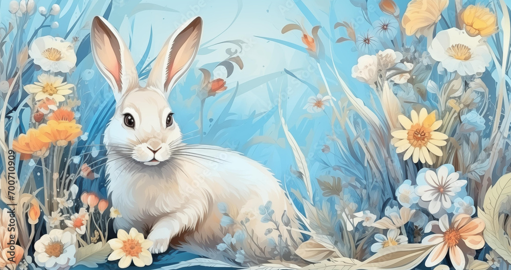 A white rabbit in the grass among flowers and leaves. A white rabbit in the grass among flowers and leaves.