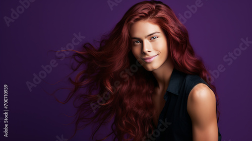 Handsome young male guy smile Asian with long red hair, on purple background, banner, copy space, portrait.