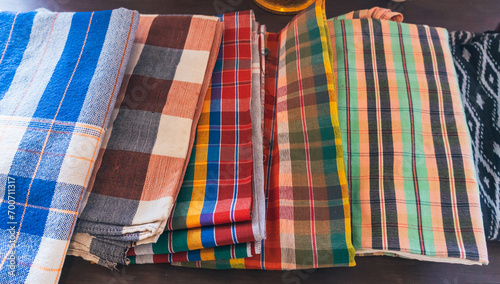 silk colorful loincloth fabric. Pattern from the Thai loincloth,The grid pattern of the loincloth has a unique color.Thai fashion design ,fabric scottish or loincloth pattern red of loincloth