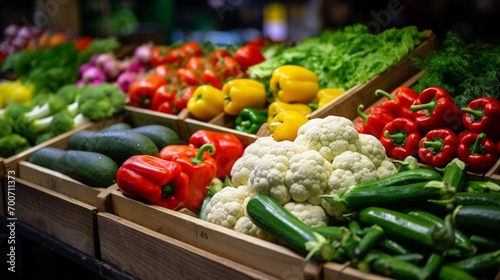 Vegetable market close-up of wooden trays with fresh vegetables. Wallpaper of healthy food. Fresh vegetable in a warehouse food