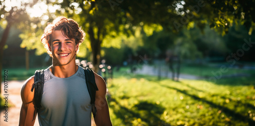 Young positive student smiling man with curly hair and in a sports jersey carrying a backpack, smiling warmly in a sun-drenched park. Active lifestyle. Fitness training. Banner. Copy space photo