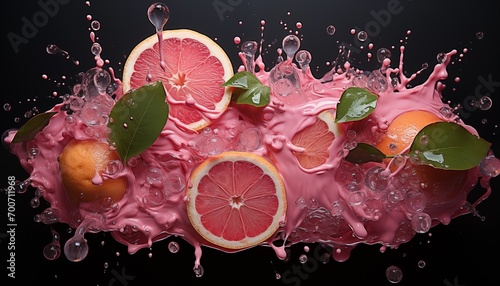 bright juicy pink grapefruit leaf slices juice in pink splashes of water art on a black background