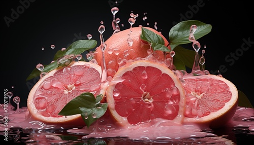 bright juicy pink grapefruit slices and cut in half with drops of water and juice on a black background splashes of flavor