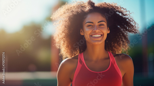 funny Black woman joyful expression,with flowing curly hair, wearing a sports jersey enjoying moment the fresh air, her face illuminated by the warm glow of sunset. A sporty, healthy lifestyle. Banner