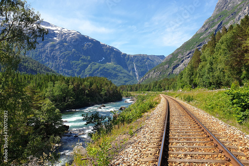 Railway in Norway. Beautiful summer landscape with mountains and river. 