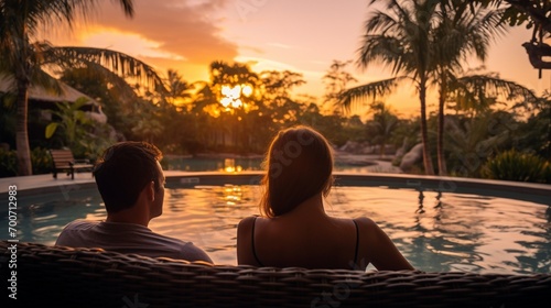 Young couple traveler relaxing and enjoying the sunset by a tropical resort pool while traveling for summer vacation © Abbassi