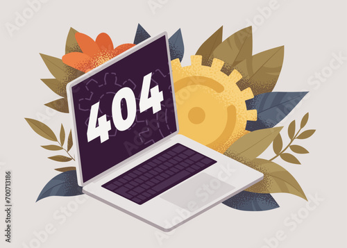 Laptop 404 laptop error problem, browser can not load web page. Computer black screen showing user displayed mistake message, wrong code. Vector illustration, botanical leaf and gear background