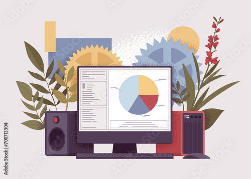 PC monoblock screen, statistic financial pie chart. Finance policy service to track, analyze data, business result, income monitoring, report. Vector illustration, gear, leaf, music column background