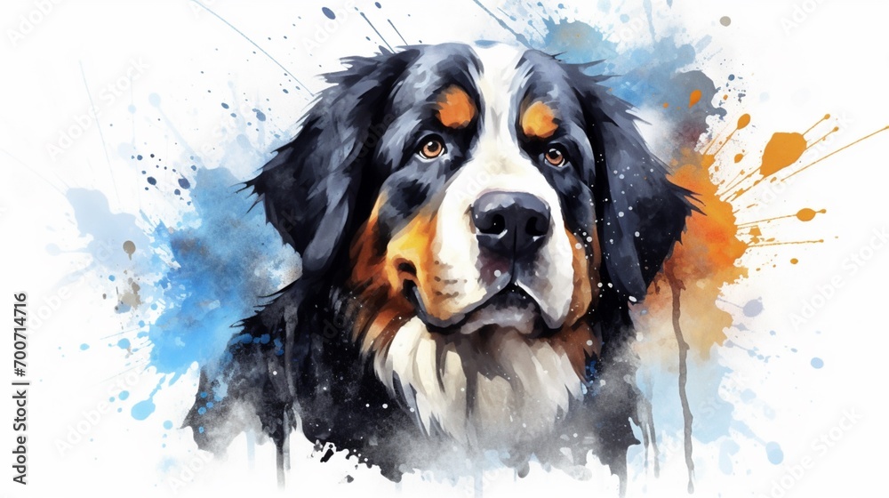 Watercolor illustration of bernese mountain dog portr.Generative AI - obrazy, fototapety, plakaty 