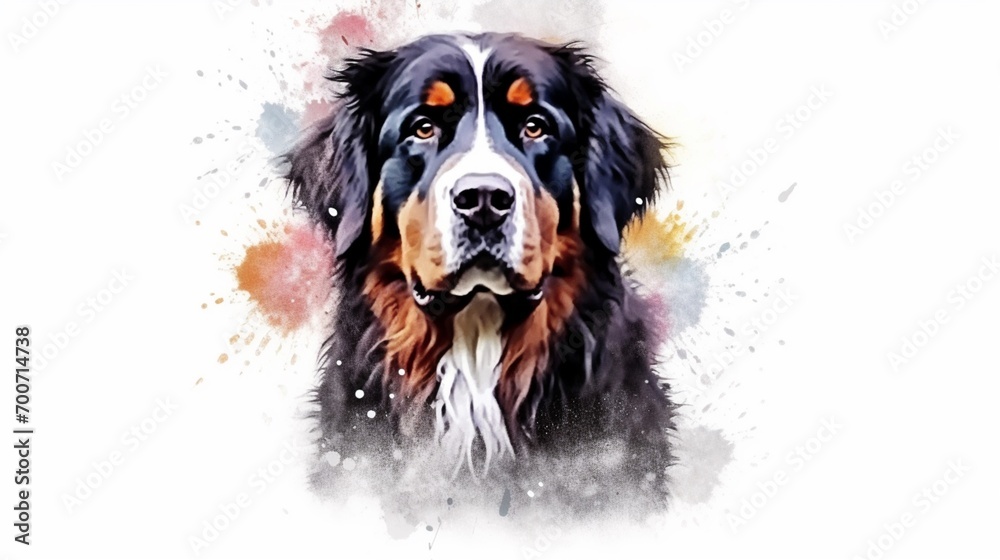 Watercolor illustration of bernese mountain dog portr.Generative AI