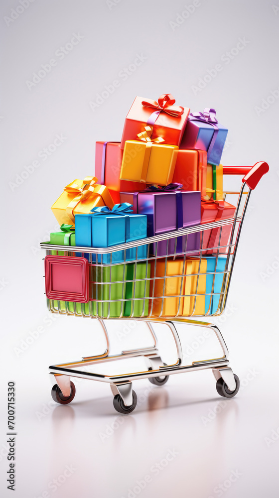 Rainbow colorful gift boxes with ribbons on white background in shopping cart Rainbow colorful gift boxes with ribbons on white background in shopping cart