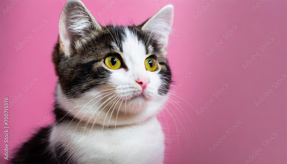 Portrait of a cat with yellow eyes on a pink background. Portrait of a cat with yellow eyes on a pink background.