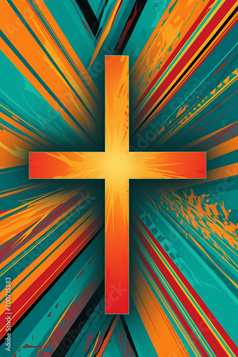 Chrisitan cross pop art style orange red yellow and blue symmetrical line photo