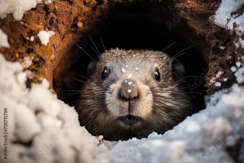 A close up of a groundhog poking its head out of a hole