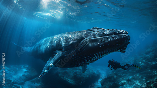 Face to face between a whale and a diver floating in the depths of the dark blue sea photo