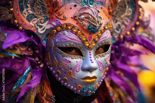 A close up of a person wearing a mask