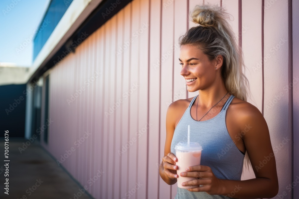 A woman standing next to a pink wall holding a drink A woman standing next to a pink wall holding a drink