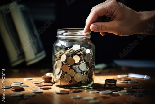 A person putting a coin into a glass jar