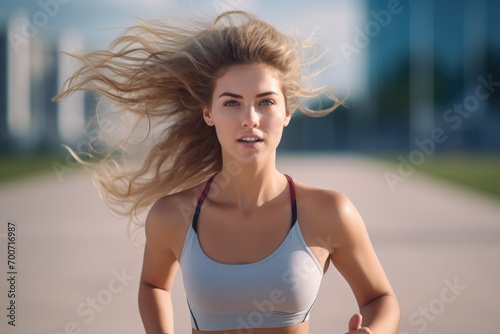 A woman in a sports bra running down a road