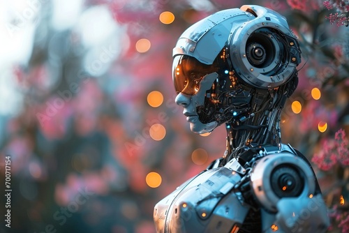 Robot Gazing Amidst Cherry Blossoms. A robotic figure admires cherry blossoms, blending nature and technology. © AI Visual Vault