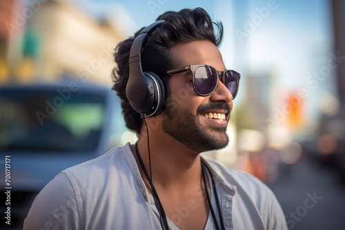 A man wearing headphones and sunglasses on a city street © pham