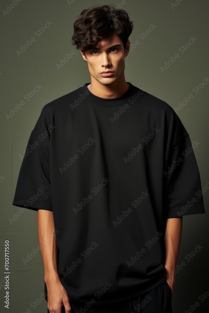 A young man standing in front of a green wall A young man standing in front of a green wall