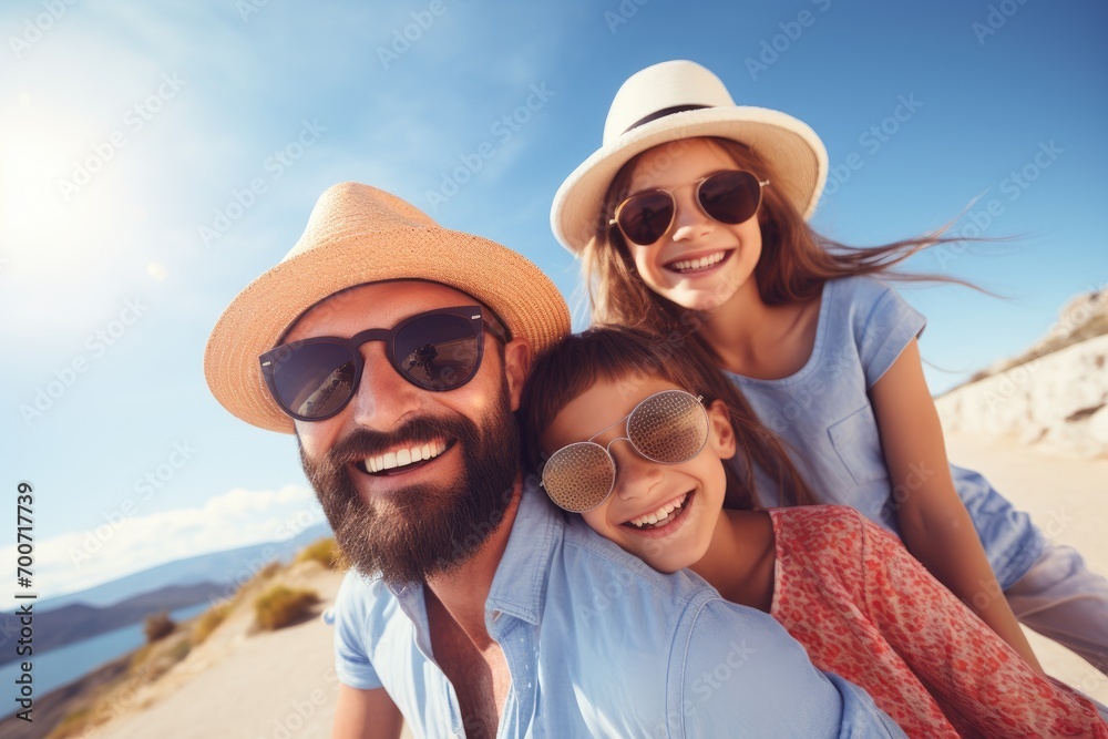 A man, woman and child on a beach taking a selfie