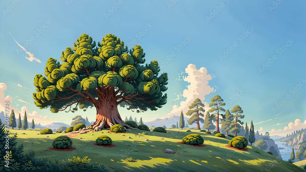 Yew tree in the style of 20s 30s animation style gouache painting 