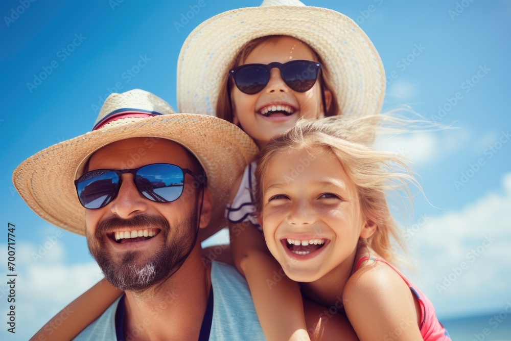 A man, woman and child wearing sun glasses on a beach