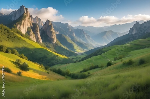 view of beautiful lush green valley with trees and colorful grass against picturesque high mountains 