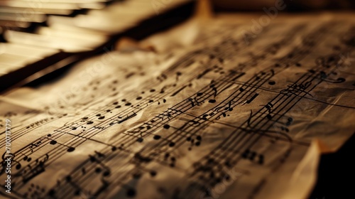 Musical notes on the piano. Music background. Selective focus photo
