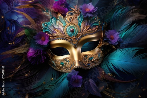 A mask with feathers and flowers on it