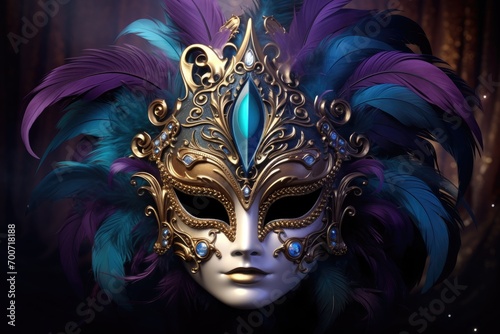 A close up of a mask with feathers on it