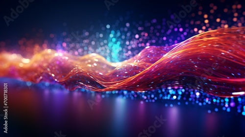 Abstract multicolored particles flow swiftly through dark expanse of cyberspace representing fast flow of data in computer network, digital data flow evoking symphony of digital communication photo