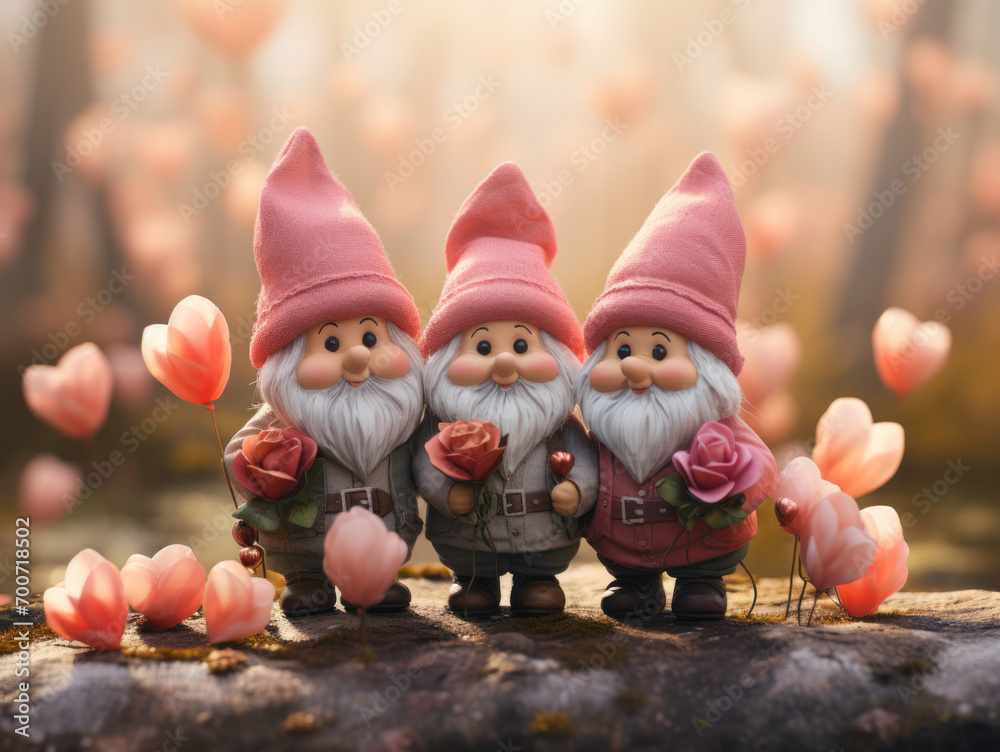 Cute gnome figurines with hearts and flowers for Valentine's Day, generative AI