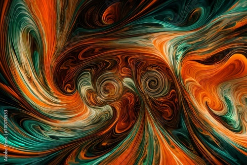 Liquid jade and tangerine in a mesmerizing, abstract whirlwind.