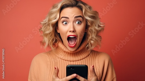 beautiful woman exited surprise face expression . female feels shocked. exciting smile and happy adorable rejoices. Very enjoy and fun relax time. wow, girl holding smartphone. Smile.
